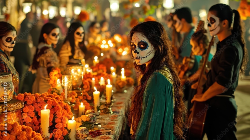 A vibrant Dia de los Muertos street celebration, where families in colorful face paint gather around altars glowing with candles and marigold flowers. Sugar skulls and lanterns light up the A vibrant Dia de los Muertos street celebration, where families in colorful face paint gather around altars glowing with candles and marigold flowers. Sugar skulls and lanterns light up the