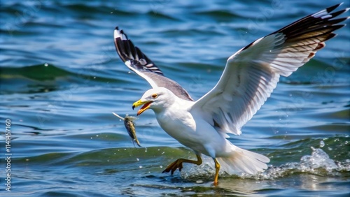 Seagull Catching Fish in Rippling Water photo