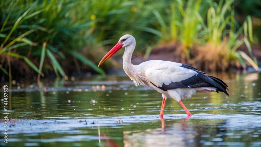 Fototapeta premium White Stork with Red Beak Wading in Shallow Water