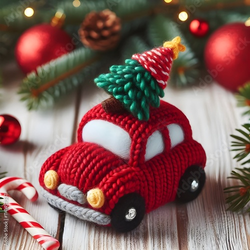 Knitted christmas red car toy with fir tree. New Year 2025 (4)_Nero AI_Photo_Face