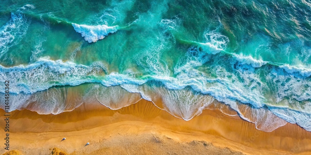 Aerial view of turquoise sea waves crashing on sandy coast , ocean, waves, beach, sand, shoreline, coastline, aerial view Aerial view of turquoise sea waves crashing on sandy coast , ocean, waves, beach, sand, shoreline, coastline, aerial view
