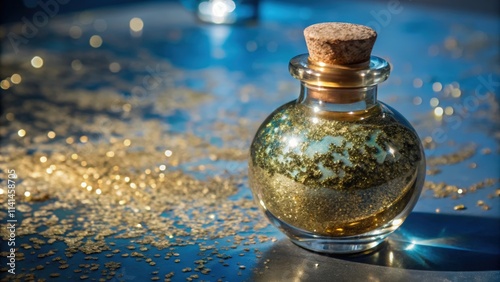 Glass Bottle Filled with Golden Glitter on a Blue Surface