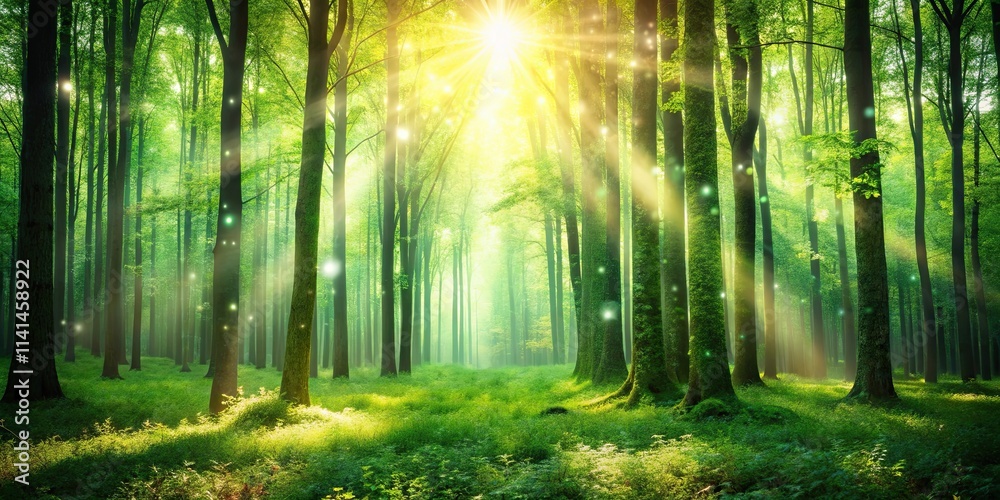 Fototapeta premium Green bokeh of sunlight shining through trees in a serene forest , nature, forest, green, bokeh, sunlight, trees