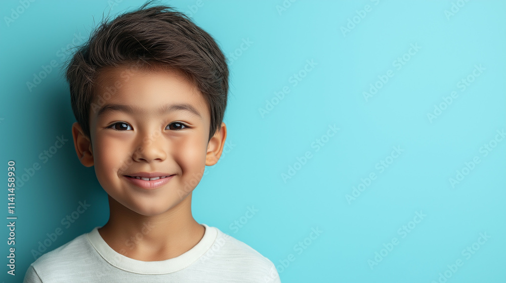 Smiling boy in white shirt against blue background Smiling boy in white shirt against blue background