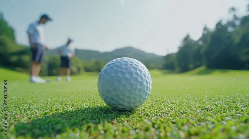 Golf Ball on Green Grass with Players Practicing in the Background Golf Ball on Green Grass with Players Practicing in the Background
