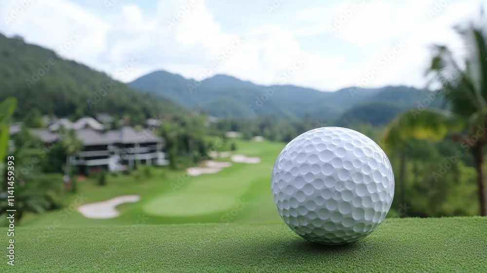 Golf Ball on Teeing Ground with Scenic Mountain Landscape in Background Golf Ball on Teeing Ground with Scenic Mountain Landscape in Background
