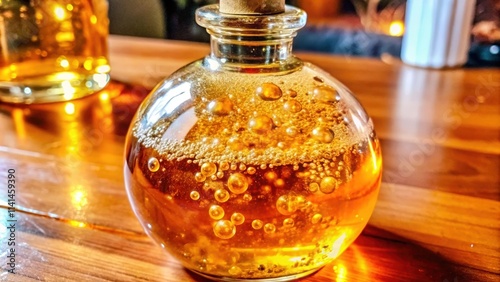 A Glass Bottle Filled with Golden Liquid and Bubbles