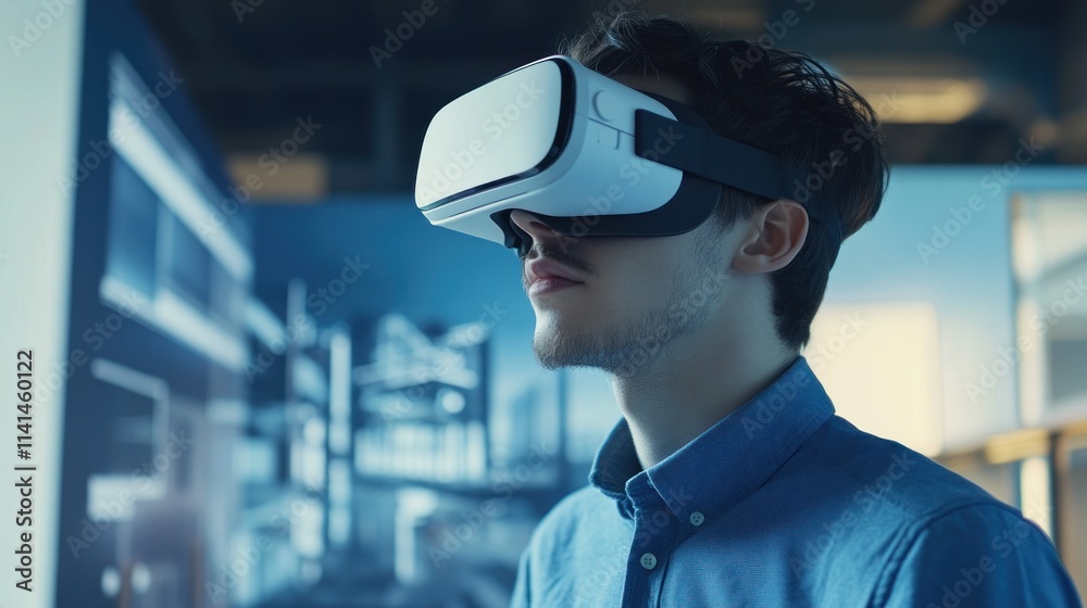 Young man using VR headset, exploring virtual reality. Young man using VR headset, exploring virtual reality.