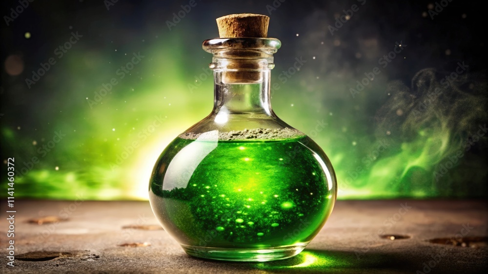 Glass Bottle Filled with Glowing Green Liquid Against a Smoky Background Glass Bottle Filled with Glowing Green Liquid Against a Smoky Background