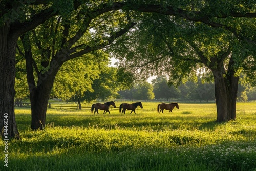 Three horses graze peacefully in a sunlit pasture, under the shade of large trees. Ideal for themes of nature, serenity, and equestrian life. photo