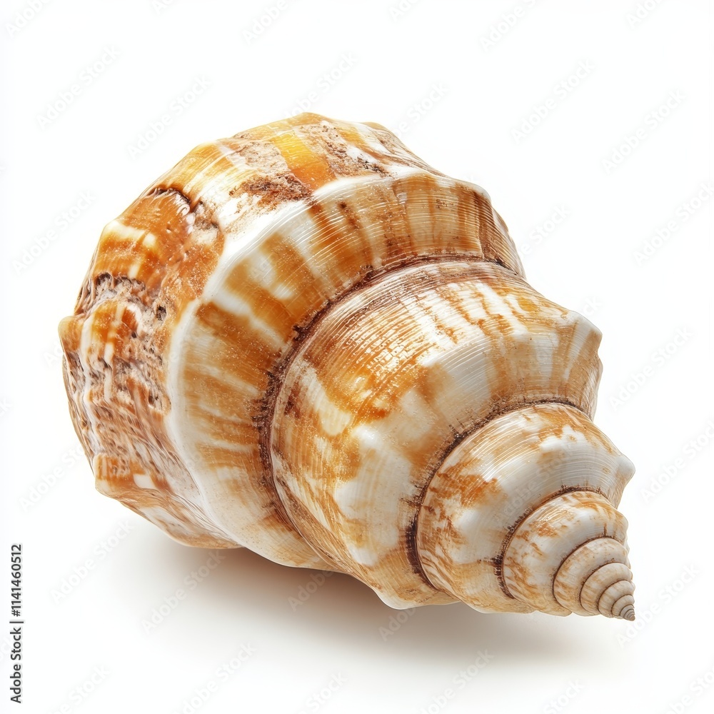 Single seashell, spiral, tan, white, isolated on white background. Single seashell, spiral, tan, white, isolated on white background.