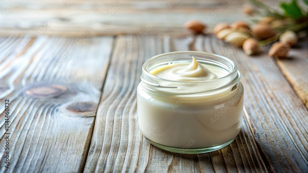 A tiny cream jar sits serenely on a white table, a whimsical miniature scene. A tiny cream jar sits serenely on a white table, a whimsical miniature scene.