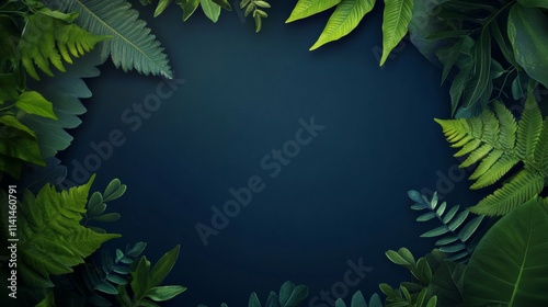 Beautiful green nature background with leaves and plants frames the dark blue background.