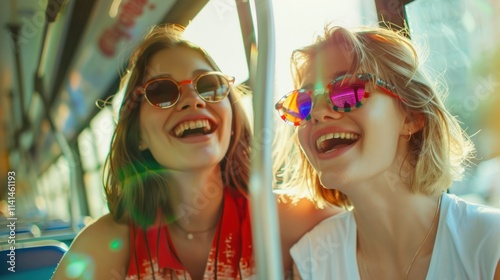 Two young women were on the bus. One of them with shoulder-length brown hair and a red scarf wore colorful sunglasses and laughed.