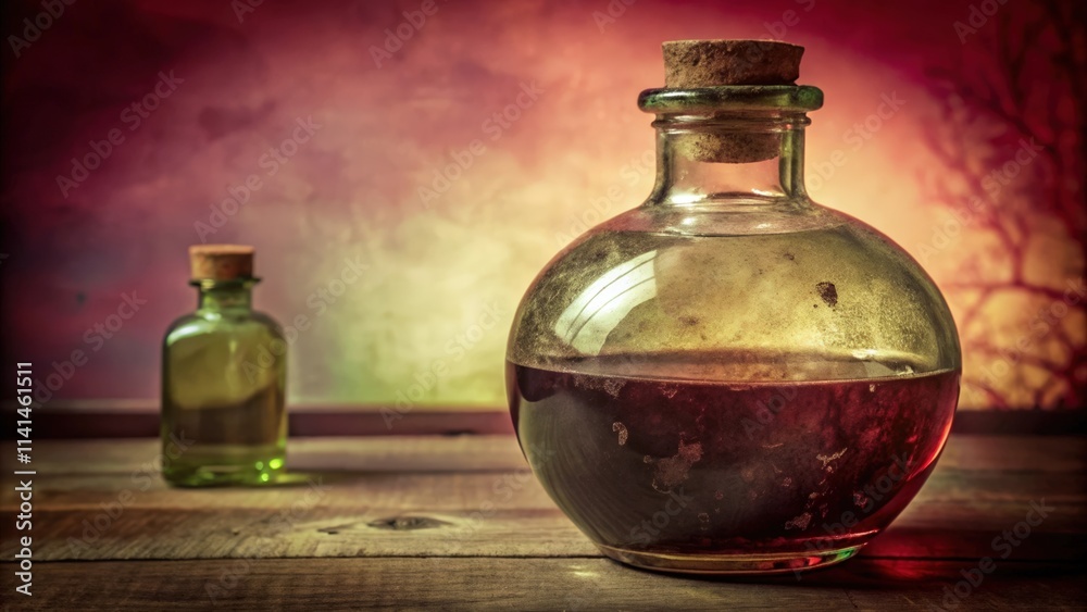 A Glass Bottle with a Dark Liquid on a Wooden Surface A Glass Bottle with a Dark Liquid on a Wooden Surface