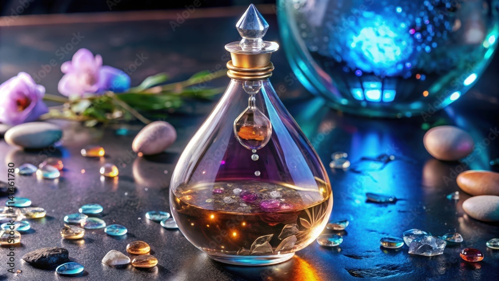 A Glass Bottle Filled With Golden Liquid, Surrounded by Stones and Flowers