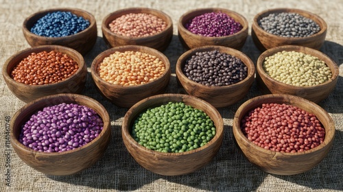 Colorful lentils in wooden bowls on burlap.