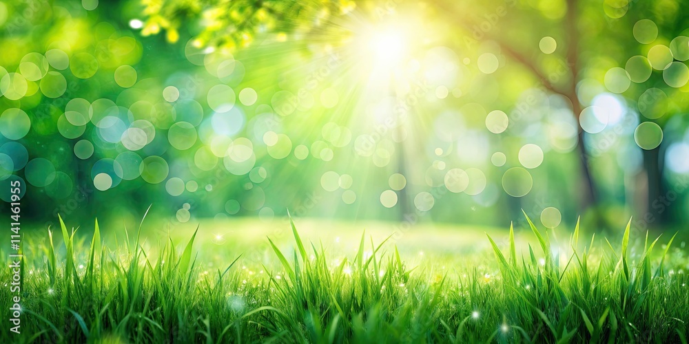Obraz premium Abstract spring background with fresh green grass field, blurred park, and sunlight , art, abstract, spring, summer, background