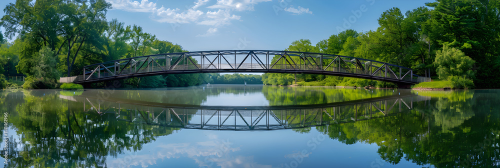 Harmonious Balance: A Symmetrical Bridge Reflecting on Calm Water Surrounded by Lush Greenery and Clear Sky Harmonious Balance: A Symmetrical Bridge Reflecting on Calm Water Surrounded by Lush Greenery and Clear Sky