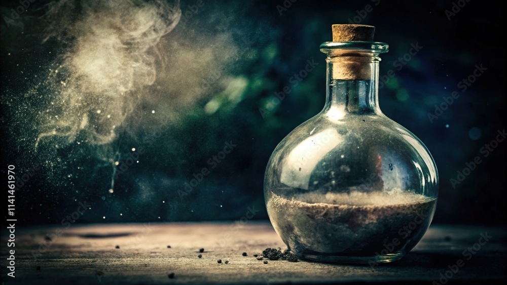 Glass Bottle with Cork Stopper and Dusty Contents on Wooden Surface Glass Bottle with Cork Stopper and Dusty Contents on Wooden Surface