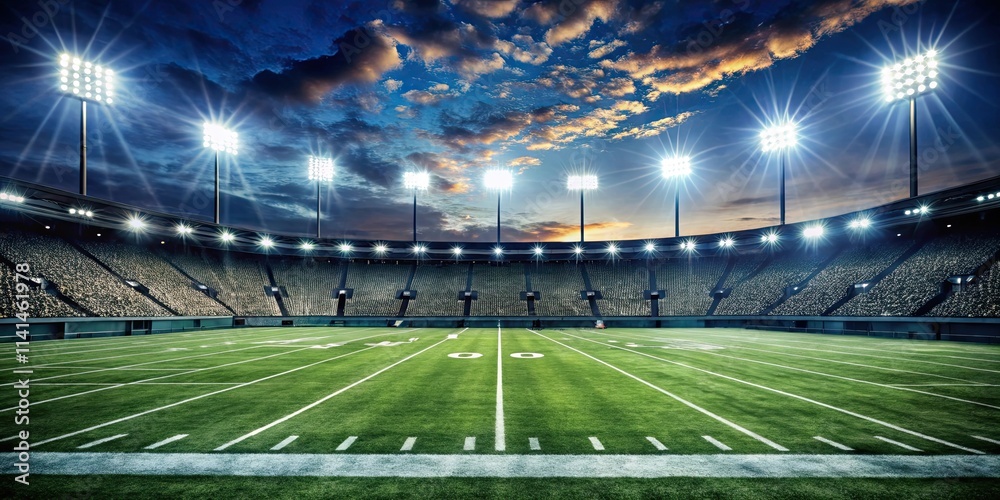 Empty football field illuminated by stadium lights at night , sports, soccer, stadium, bright, goalposts, outdoor