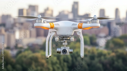 SEO content and trends concept. Drone flying above a city skyline with a camera attached.