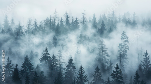 Misty forest landscape with tall trees and fog creating serene atmosphere