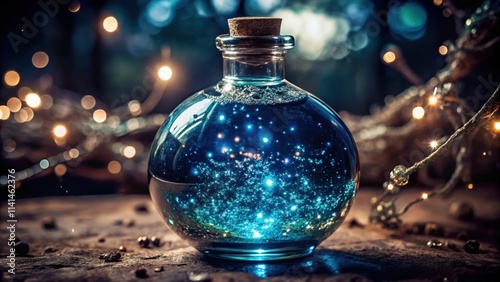 A Glass Bottle Filled with Sparkling Blue Liquid and Illuminated by Twinkling Lights