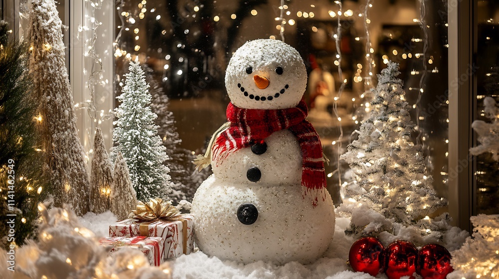 Charming Christmas Window Display with Snowman, Gifts, and Twinkling Lights Charming Christmas Window Display with Snowman, Gifts, and Twinkling Lights