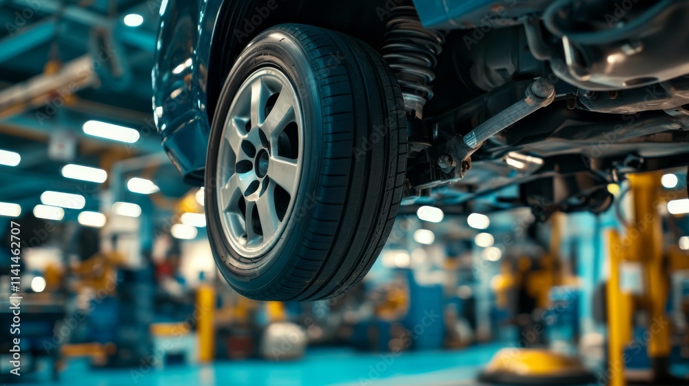 A close-up view of a car tire suspended in a workshop, highlighting the surroundings of an automotive service environment. A close-up view of a car tire suspended in a workshop, highlighting the surroundings of an automotive service environment.