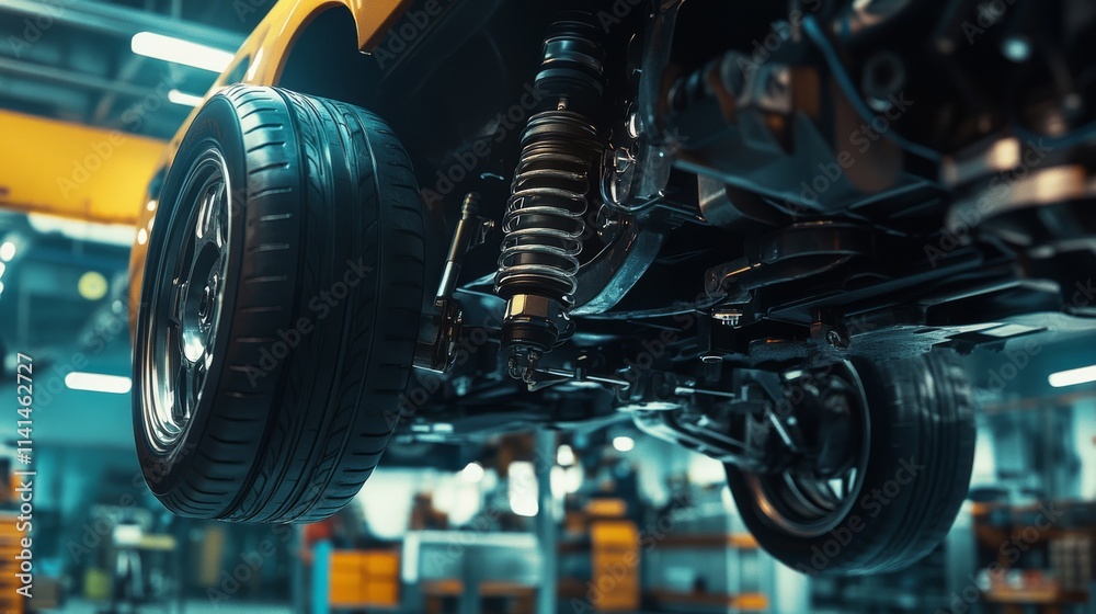 Fototapeta premium A close-up view of an automobile's suspension system and tire in a workshop, highlighting the mechanical components and craftsmanship involved in automotive maintenance.