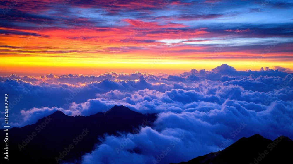 Fototapeta premium Majestic Sunset Over Towering Clouds and Distant Mountain Peaks