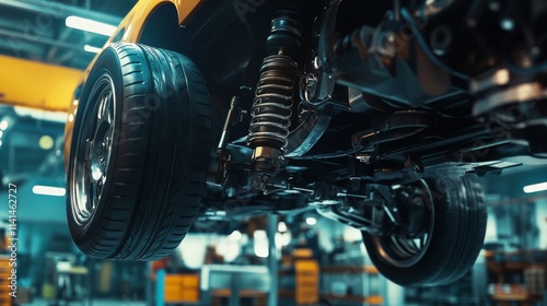Wallpaper Mural A close-up view of an automobile's suspension system and tire in a workshop, highlighting the mechanical components and craftsmanship involved in automotive maintenance. Torontodigital.ca