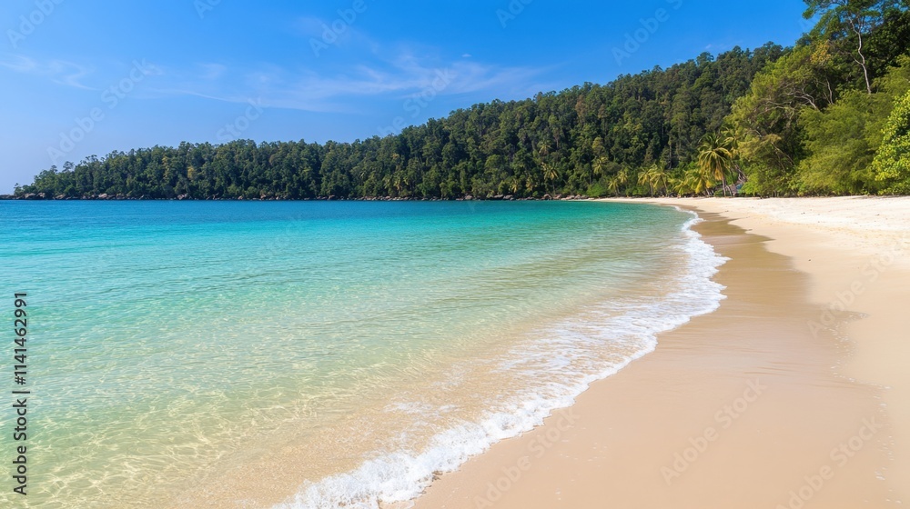 Tranquil Beach Scene with Clear Water and Lush Greenery Under Blue Sky Tranquil Beach Scene with Clear Water and Lush Greenery Under Blue Sky
