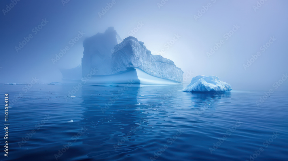 Majestic iceberg floating in tranquil blue waters, surrounded by mist Majestic iceberg floating in tranquil blue waters, surrounded by mist