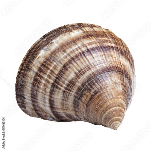 Close-up of a single, brown, striped seashell isolated on white background.