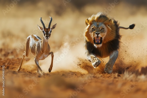 A gazelle and lion running in the desert; dust flies as they sprint. Illustrates predator-prey dynamics; perfect for wildlife, nature, or survival themes.