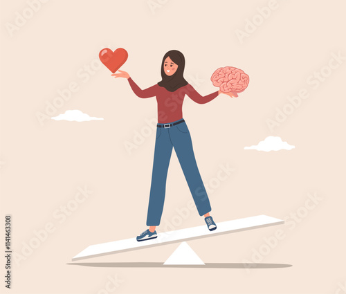 Balance between Brain and Heart. Control feeling and emotion concept. Islamic Woman tries to balance between instinct or intellect. Vector illustration in flat cartoon style.
