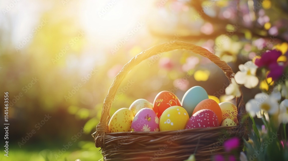 Easter background with colorful eggs in a basket and spring flowers on a nature-inspired blur Easter background with colorful eggs in a basket and spring flowers on a nature-inspired blur