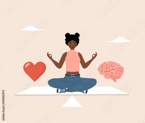 Brain and Heart Balance. Wellness concept. African Young woman choosing between Feelings and Mind. Flat design. Vector illustration in cartoon style.