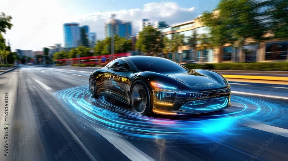 Fototapeta premium Driverless car equipped with cutting-edge sensors for enhanced road awareness.