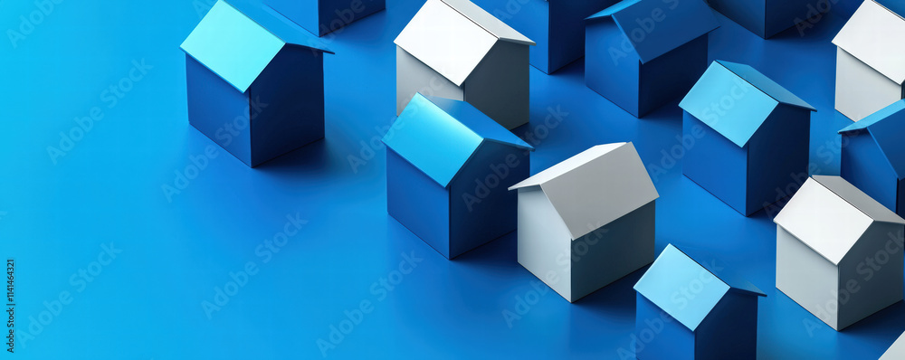 A colorful arrangement of small, geometric houses in various shades of blue, set against a vibrant blue background. A colorful arrangement of small, geometric houses in various shades of blue, set against a vibrant blue background.