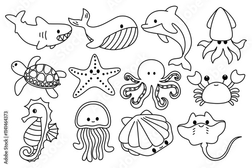set of sea animals doodle outline