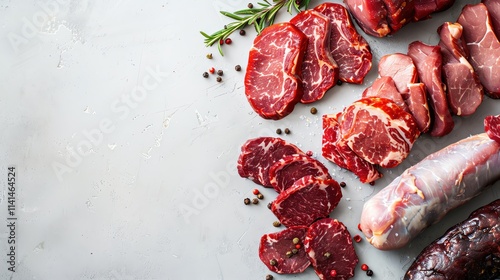 Nitrites and Nitrates, Cured meats with nitrites and nitrates, light grey background photo