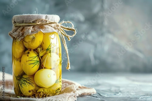 Pickled Eggs, Pickled eggs in a jar, rustic kitchen, light grey background photo