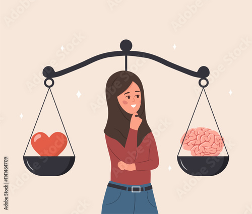 Balance between Heart and Brain. Wellness concept. Arab Woman looking at scales with love in one side and practical in opposite. Vector illustration in flat cartoon style.