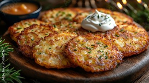 Rustic-style latkes presented with sour cream and applesauce, enhanced by the soft glow of menorah candles and elegant blue highlights. photo