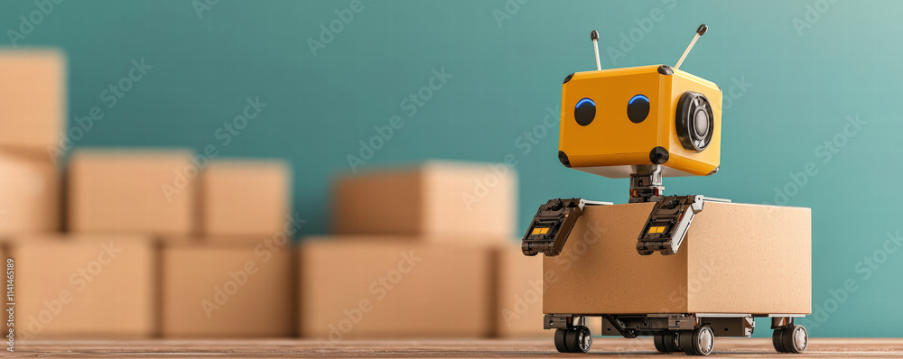 Obraz premium A cheerful robot on a cart sits among cardboard boxes, showcasing a playful blend of technology and logistics.