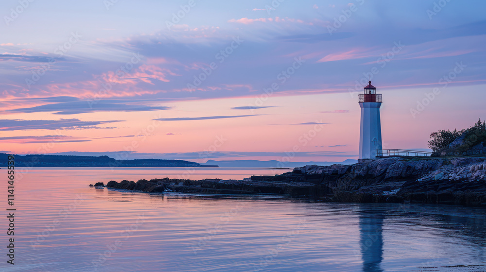 A serene lighthouse at sunset, reflecting on calm waters A serene lighthouse at sunset, reflecting on calm waters