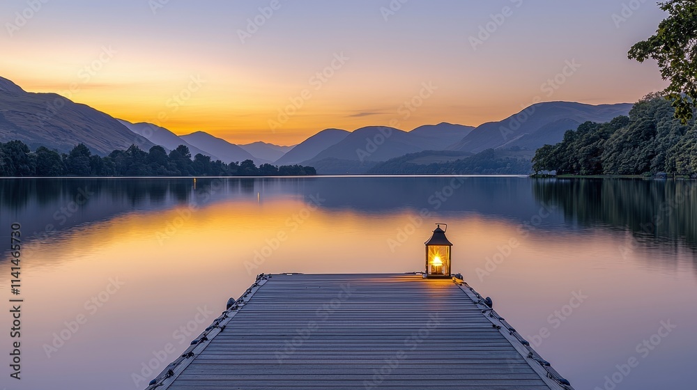 Obraz premium A serene lake at twilight, where a wooden dock leads into calm, mirror-like waters. The sky transitions from warm yellows to deep purples, and distant mountains fade into soft silhouettes. A 